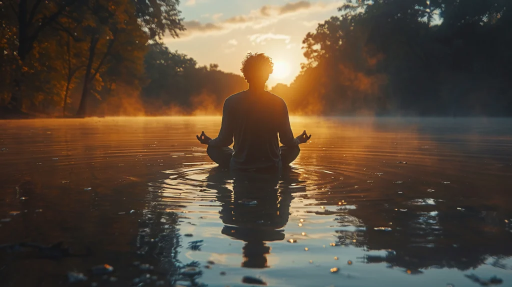 man-meditating-by-lake-medium-shot